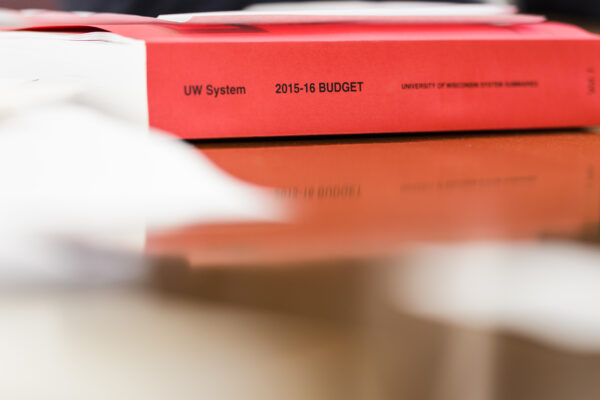 Photo of red book titled UW System Budget Book.